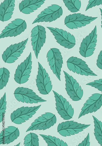 Abstract background with fruit print. Bright colored mint leaves Vector Illustration. Wallpaper template in pastel colores