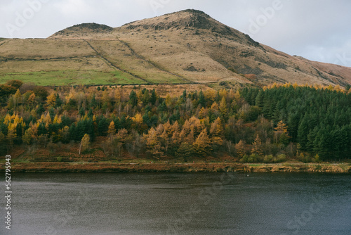 Breathtaking forest view on a mountain slope and a lake - autumnal landscape.