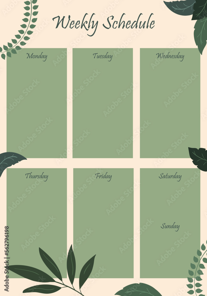 Weekly planner in green pastel colores with leaves. Weekly schedule. Event  planner template, planning, days of the week. Vector illustration of diary.  Time management concept Stock Vector