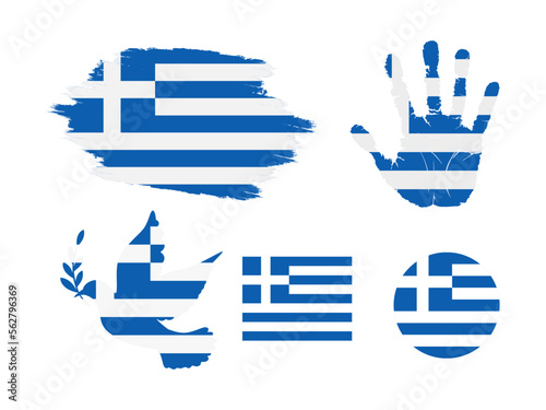 Greece flag set, flag of Greece collection. Flag in grunge, Dove, Handprint, square and round shape. vector illustration
