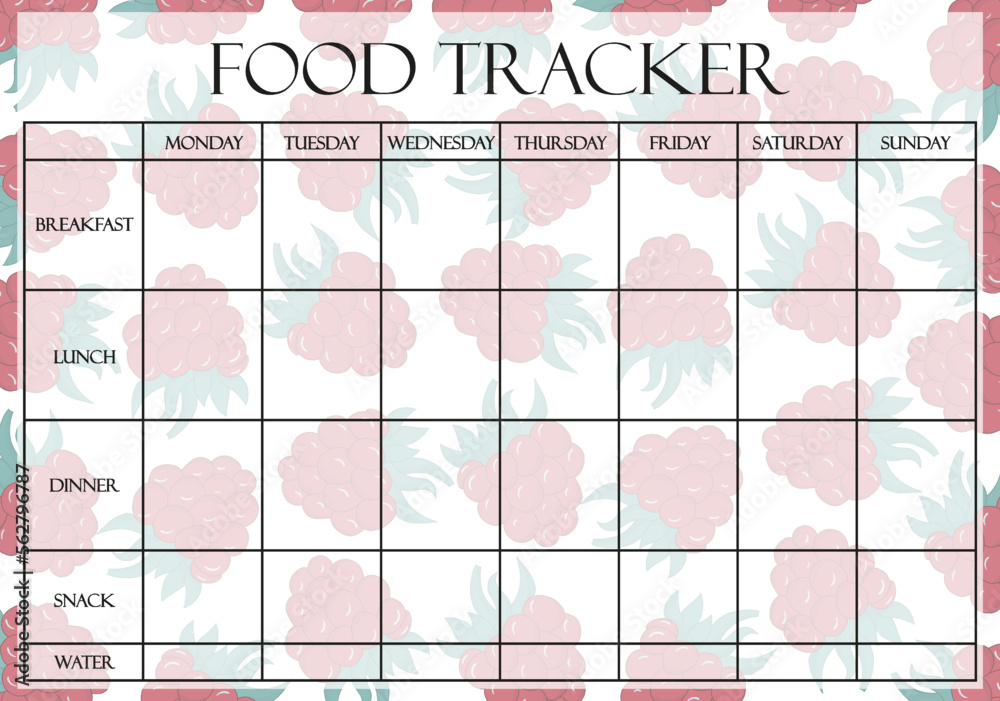 Food tracker page on pastel raspberry background. Weekly planner template, meals, breakfast, lunch, dinner, snack, water intake, counting calories. Proper nutrition concept. Vector illustration Food tracker page on pastel raspberry background. Weekly planner template, meals, breakfast, lunch, dinner, snack, water intake, counting calories. Proper nutrition concept. Vector illustration