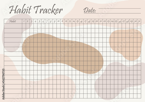 Habit tracker template on pastel beige background. Monthly planner page. Event, inculcate habits, schedule, improve yourself, self development, awareness. Time management concept. Vector illustration