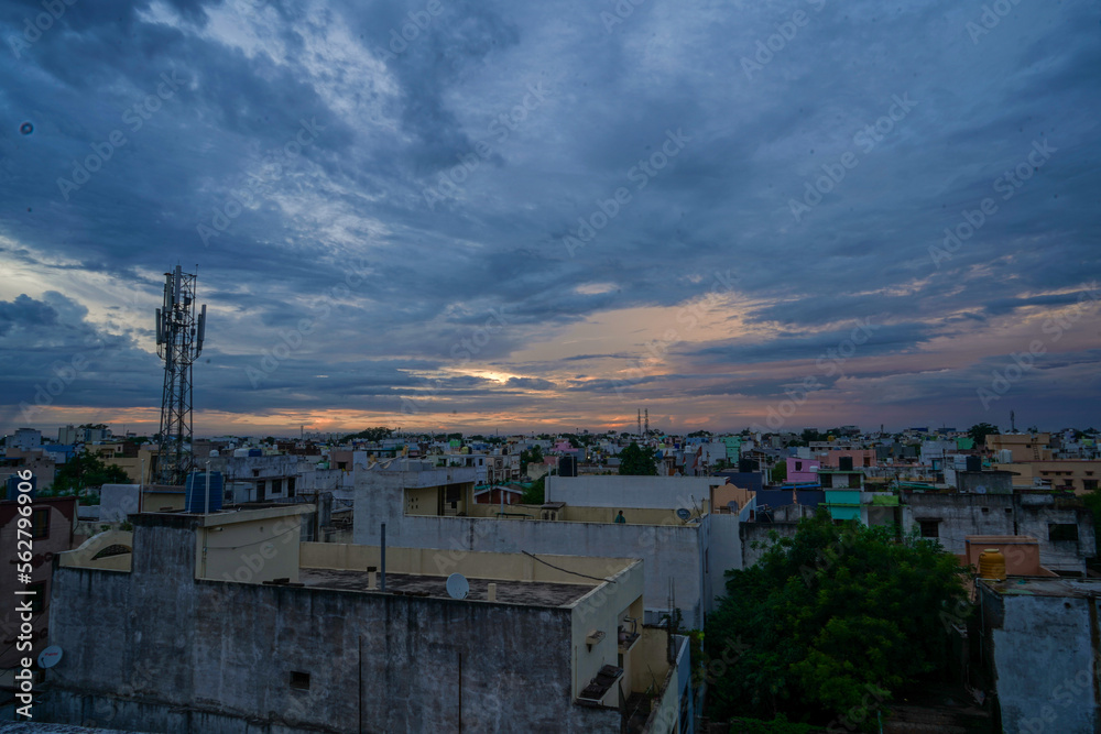 top view of city from terrace , raipur, chhattisgarh ,india, A beautiful evening view in beautiful climate or weather, time after sunsets , relaxing clouds in blue, cloud over the city at evening