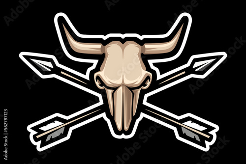 Logo skull cow, bull, buffalo and crossed arrows. T-shirt print.