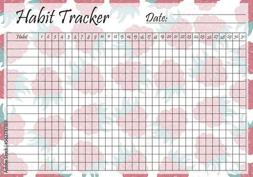 Habit tracker template on pastel raspberry background. Monthly planner page. Event, inculcate habits, schedule, improve yourself, self development, awareness. Time management. Vector illustration