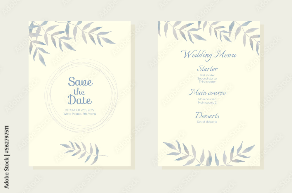 Wedding invitation card background with light blue watercolor botanical leaves.