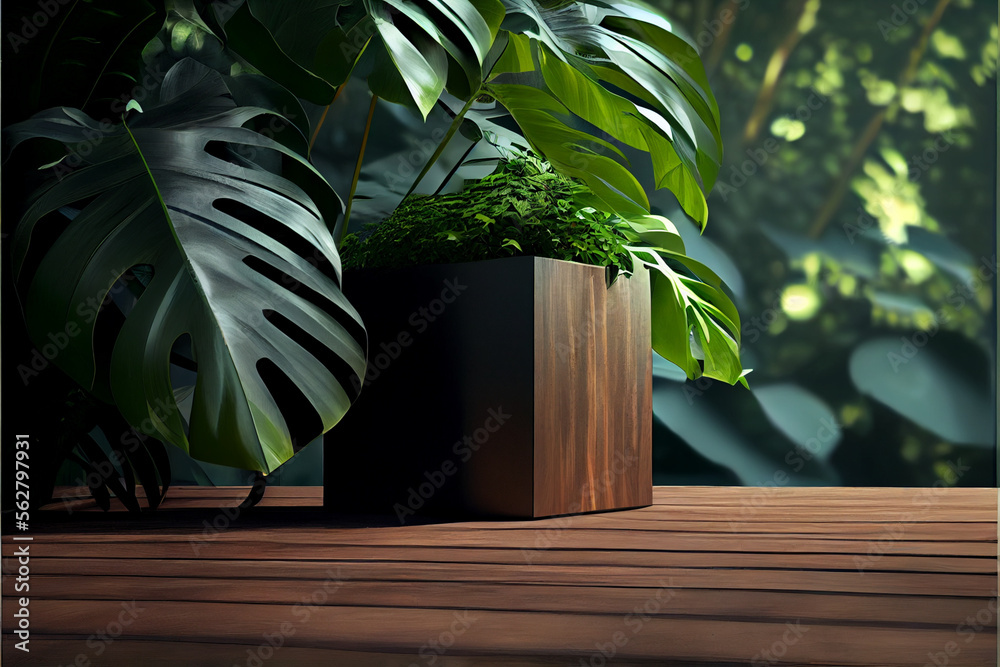 Wooden floor podium in tropical forest, green wall on the background, Generated ai Wooden floor podium in tropical forest, green wall on the background, Generated ai
