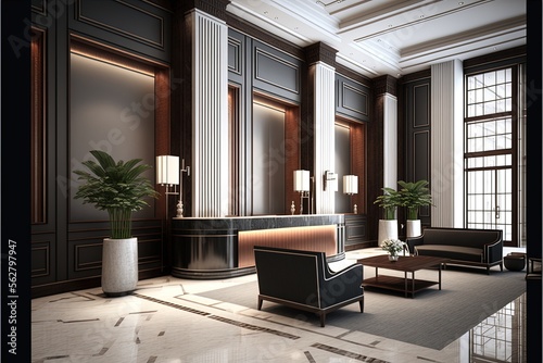 Luxurious contemporary hotel lobby reception. generative ai
