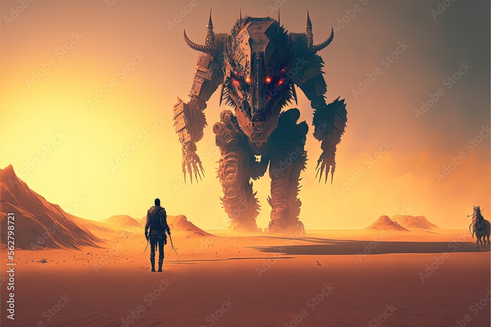 Apocalypse warrior facing a giant mechanical beast in desert, digital painting style. Generative ai