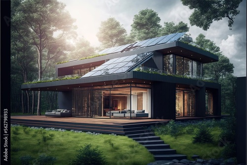 Beautiful modern house with solar panels on the roof. generative ai