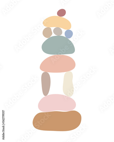 Zen stones cairns simple abstract flat style vector illustration, relax, meditation and yoga concept, boho colors stone pyramid for making banners, posters, cards, prints, wall art