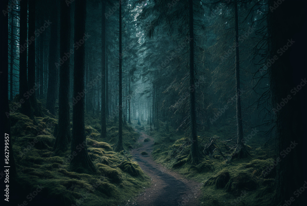 Fototapeta premium a dark gloomy foggy forest tall trees overgrown worn out path stretch endlessly background,generative ai.