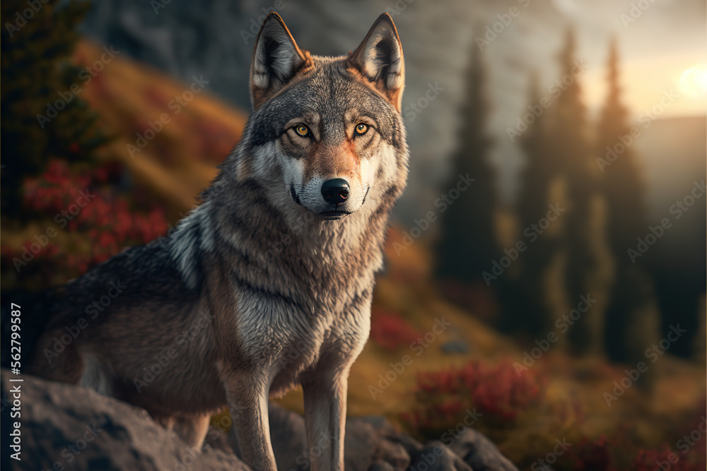 Fototapeta A wolf on forest mountain looking at the horizon