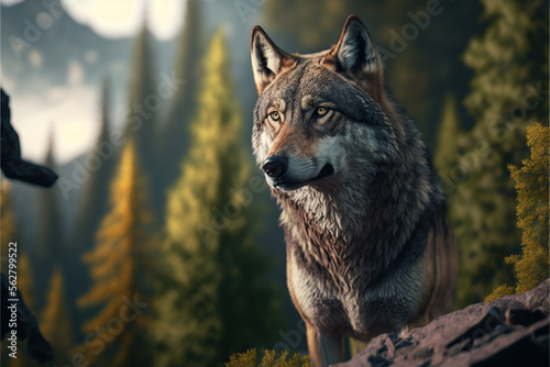 A wolf on forest mountain looking at the horizon