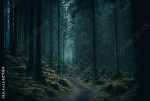 a dark gloomy foggy forest tall trees overgrown worn out path stretch endlessly background generative ai.