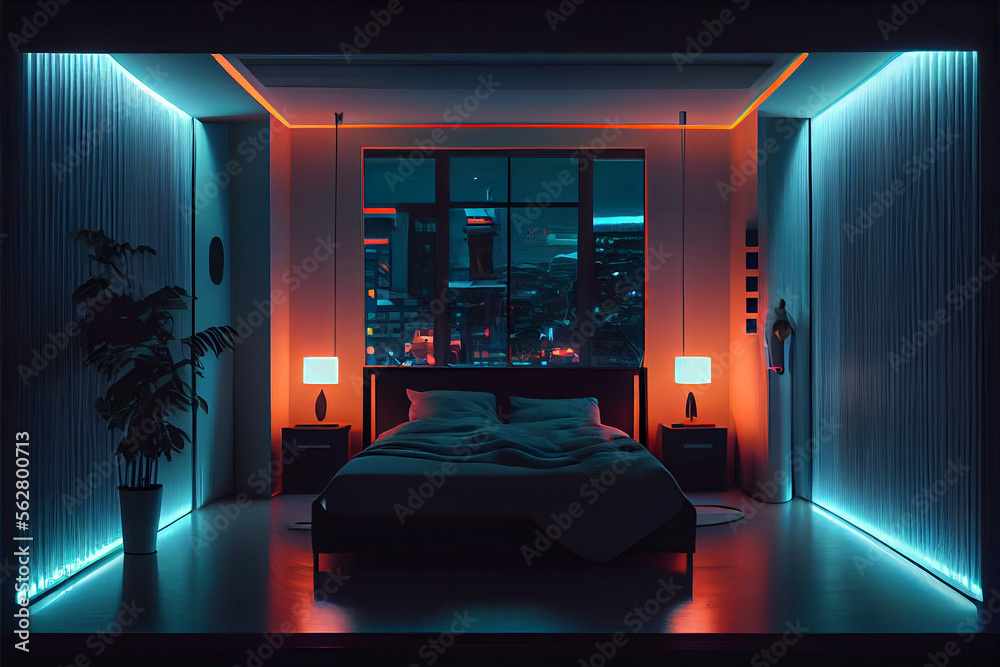 Modern bedroom interior with neon lights ambient in the Smart home with light colours. Stock Illustration | Adobe Stock