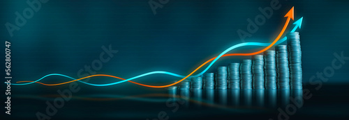 Two economic growth lines run up a series of coin columns against a dark blue background