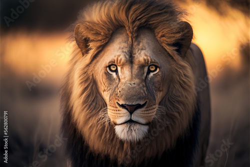 Lion portrait on savanna looking at camera, AI © DarkKnight