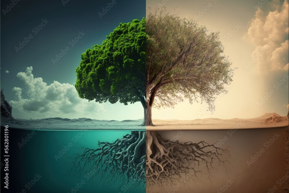 Obraz premium Illustrative vector graphics of a tree in two environments. generative ai