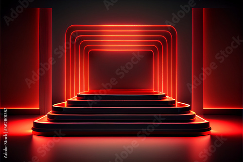 Red neon futuristic lighting stage and platform, Generated ai