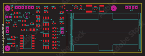 A printed circuit board of an electronic device with components of radio elements placed on it. Vector engineering drawing of a pcb. Battery installation unit.
