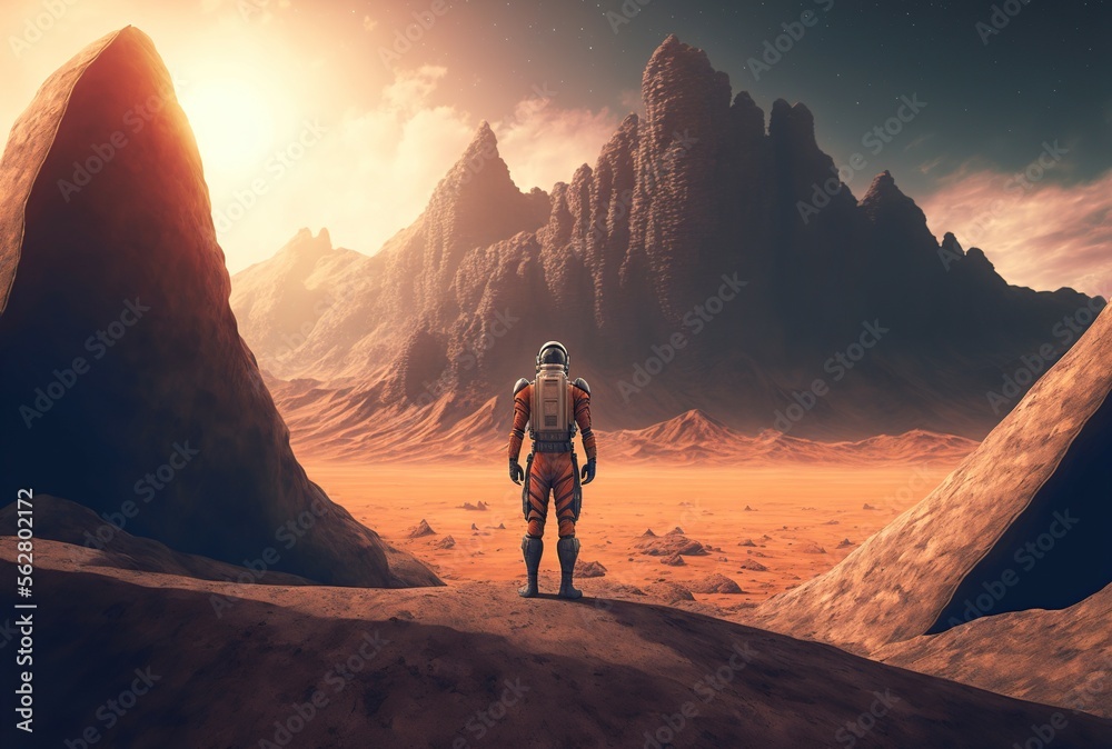 astronaut standing in the Rocky Mountains of Mars. colonization and space exploration. generative AI