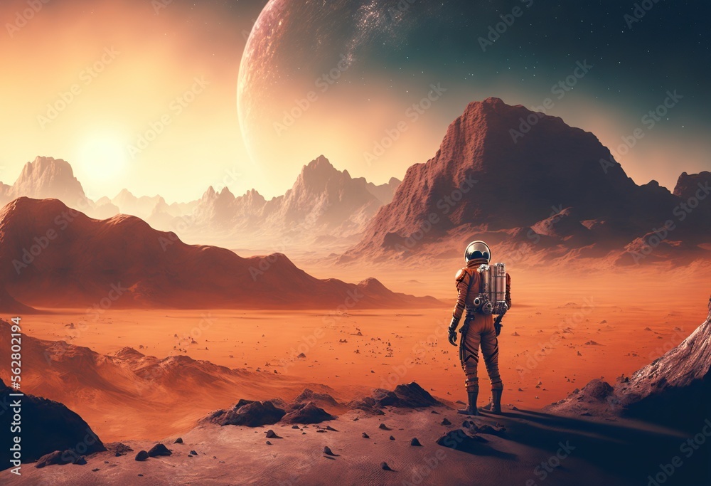 astronaut standing in the Rocky Mountains of Mars. colonization and space exploration. generative AI