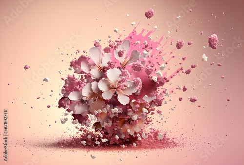 Creative cherry blossom petal explosion. Spring background. Generative ai