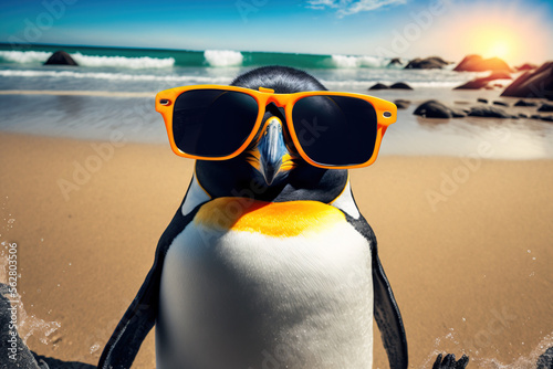 Climate change concept with peguin wearing sunglasses standing on sunny beach on a hot day, Generative AI illustration photo