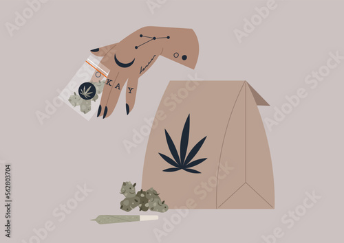 Weed delivery, a tattoed hand holding a zip lock with thc buds