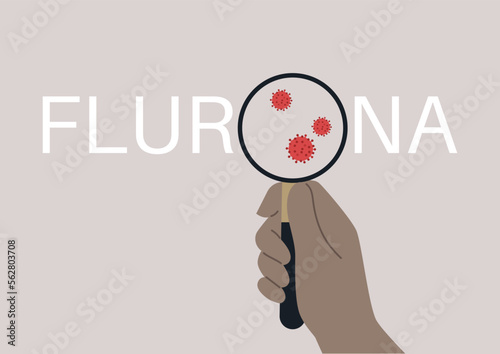 A flurona sign illustrated with a hand holding a magnifying glass photo