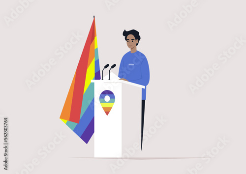 A young Caucasian character standing behind the pulpit with a rainbow LGBT flag, human rights, political process .