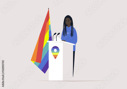A young African character standing behind the pulpit with a rainbow LGBT flag, human rights, political process .