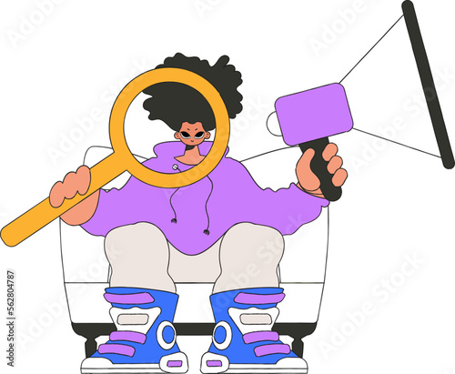Stylish guy sits in a chair and holds a megaphone. Suitable for use in communications or protest thematic projects.