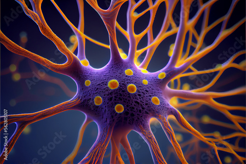 Close up of a neuron and synapses lighting up with neon colors, Generative AI