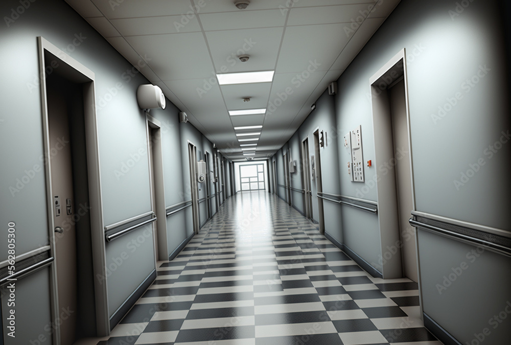 Long Eerie Empty Hospital Hallway - Generative AI.