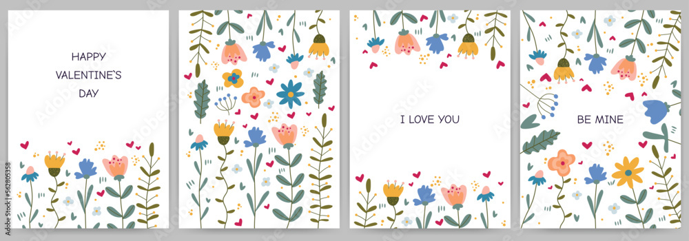 Set of spring cards Happy Valentine's Day, invitations, declaration of love. Rectangular templates with flowers, branches, hearts and text. Vector illustration isolated on white background.