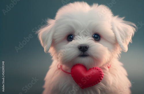 Cute Maltese Puppy Wearing A Heart On Collar - Generative AI.
