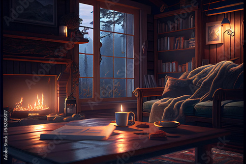 Cozy cabin  living room at night - generative ai