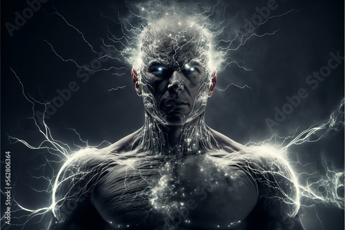 Futuristic fictional man radiates energy, human modified with future technology, generative AI.