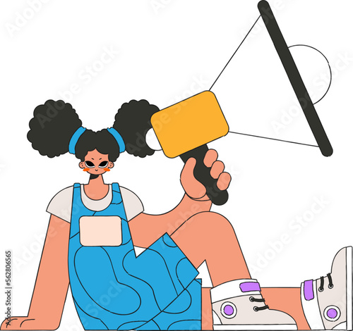 Attractive woman is sitting on the floor and holding a megaphone.