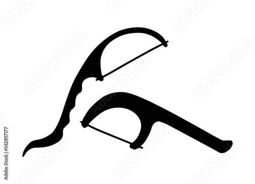 A set of devices for removing food debris between the teeth. Dental floss for oral care. Dental care tools silhouettes for engraving or dental illustration design.
