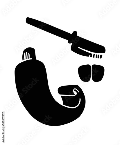 Device for cleaning and removing food debris between teeth. Set of silhouettes of elements for oral care. Toothbrush with a tube of toothpaste and front teeth. Flat cartoon illustration for engraving.