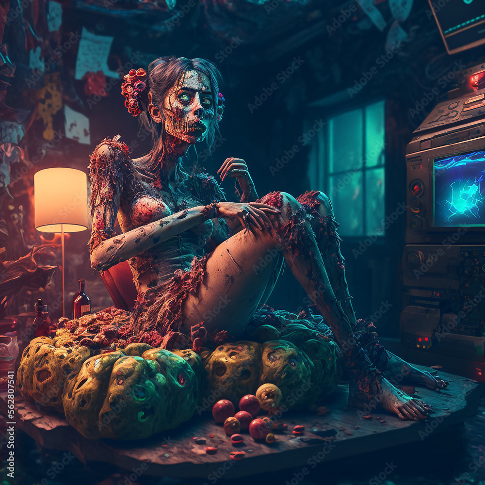 portrait of a zombie woman in the night room with neon light