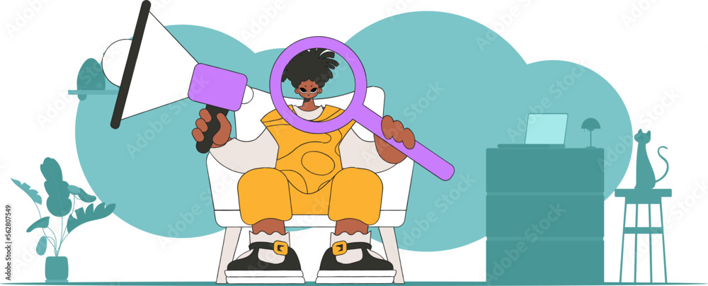Naklejka premium Stylized vector illustration of a HR representative. A young man sits in a chair and holds a megaphone in his hand.