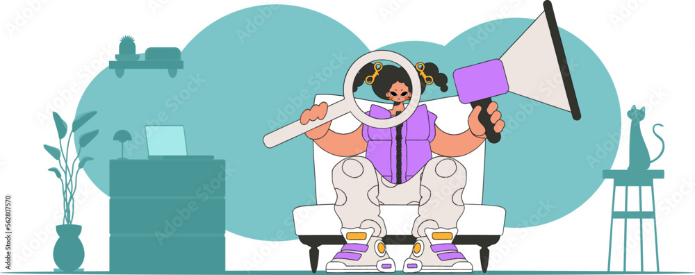 Stylized vector illustration of a HR representative. A stylish girl sits in a chair and holds a megaphone in his hand.