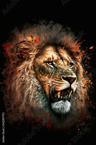 Abstract poster of a dangerous and powerful male lion. Generative AI © Zenturio Designs