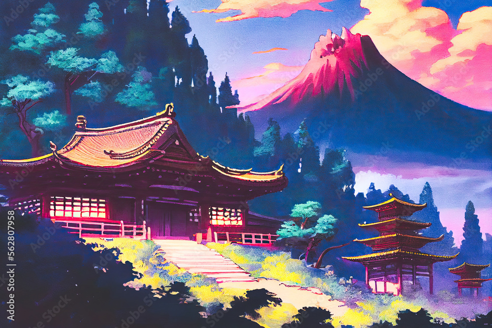 Obraz premium A Japanese Zen Temple in The Mountains. Generative AI Illustration In The Style Of Japanese Anime Paintings.