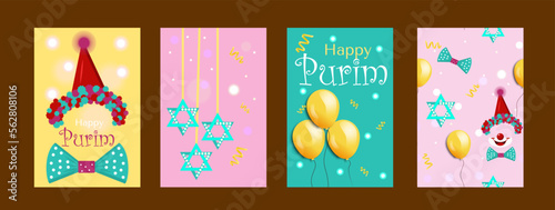 Purim carnival greeting card set with cute clown hat for social media, post template. Childish print for poster and party invitation. Jewish star.