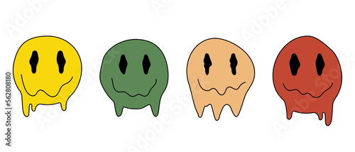 Set of psychedelic quirky cartoon face. Melted smile faces in trippy acid rave style. Design for stickers, sweatshirts, t-shirts. Vector illustration
